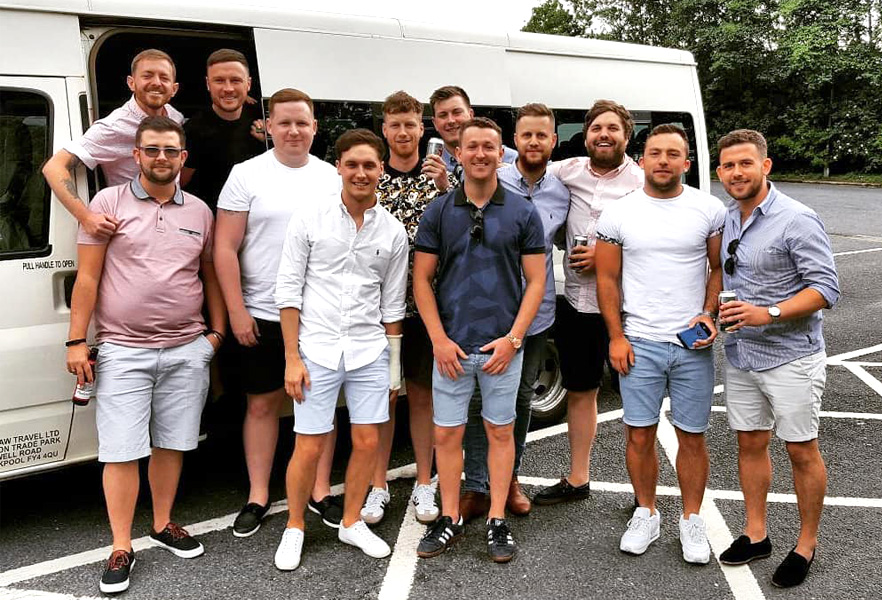 Young group of lads ready to enjoy their trip on a 16 seater with Lancaster Minibuses